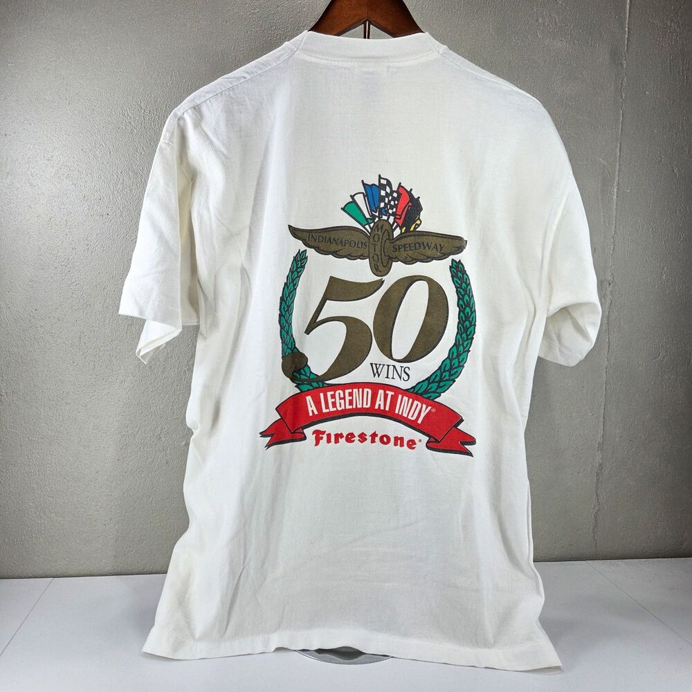 VTG 90s Firestone Racing 50 Wins Indy Fruit of the Loom Single Stitch Tee Sz XL